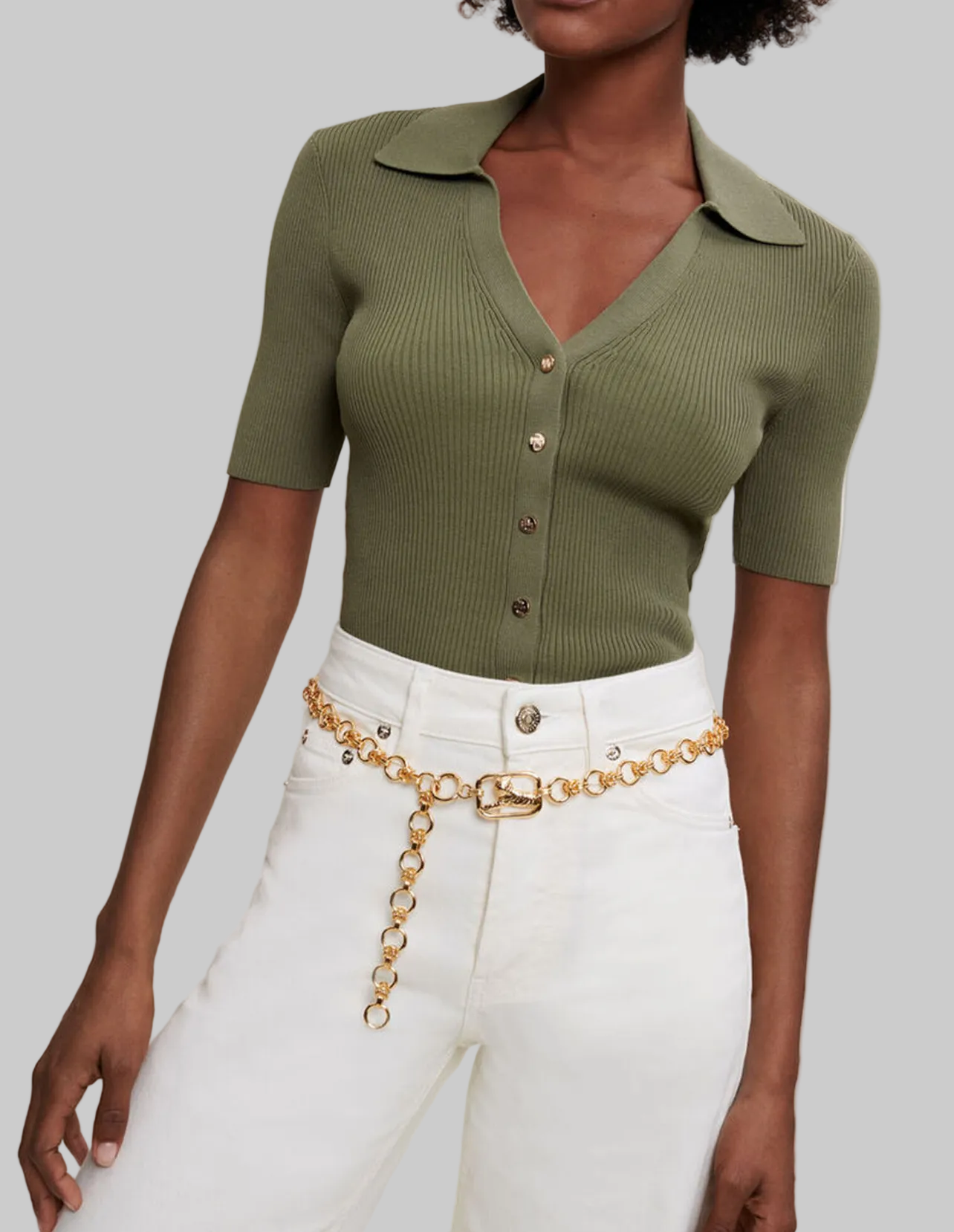 MAJE Green Ribbed Button Up Top - Size 1