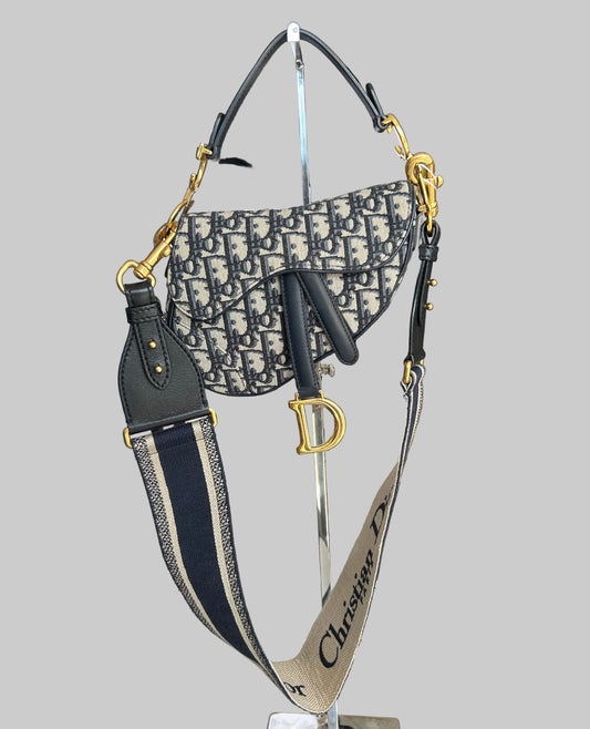 CHRISTIAN DIOR Blue Oblique Jacquard Mini Saddle Bag With Strap