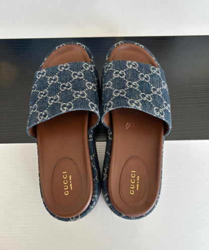 GUCCI Blue Denim Platform Slides - Size 38