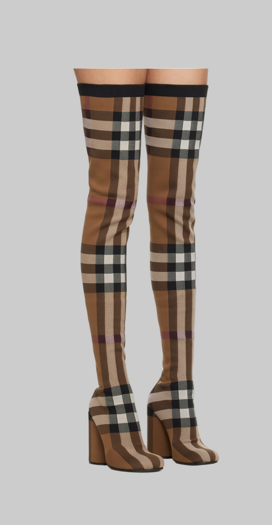 BURBERRY Knit Check Over-The-Knee Boots - Size 37.5