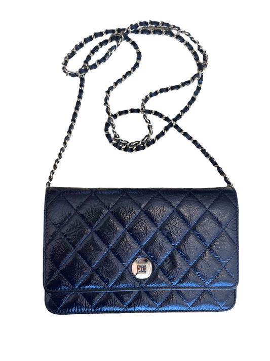 Chanel Navy Blue Wallet On Chain Patent Leather Shoulder Bag