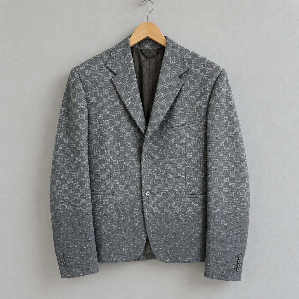 LOUIS VUITTON Grey Plaid Logo Blazer - Size L