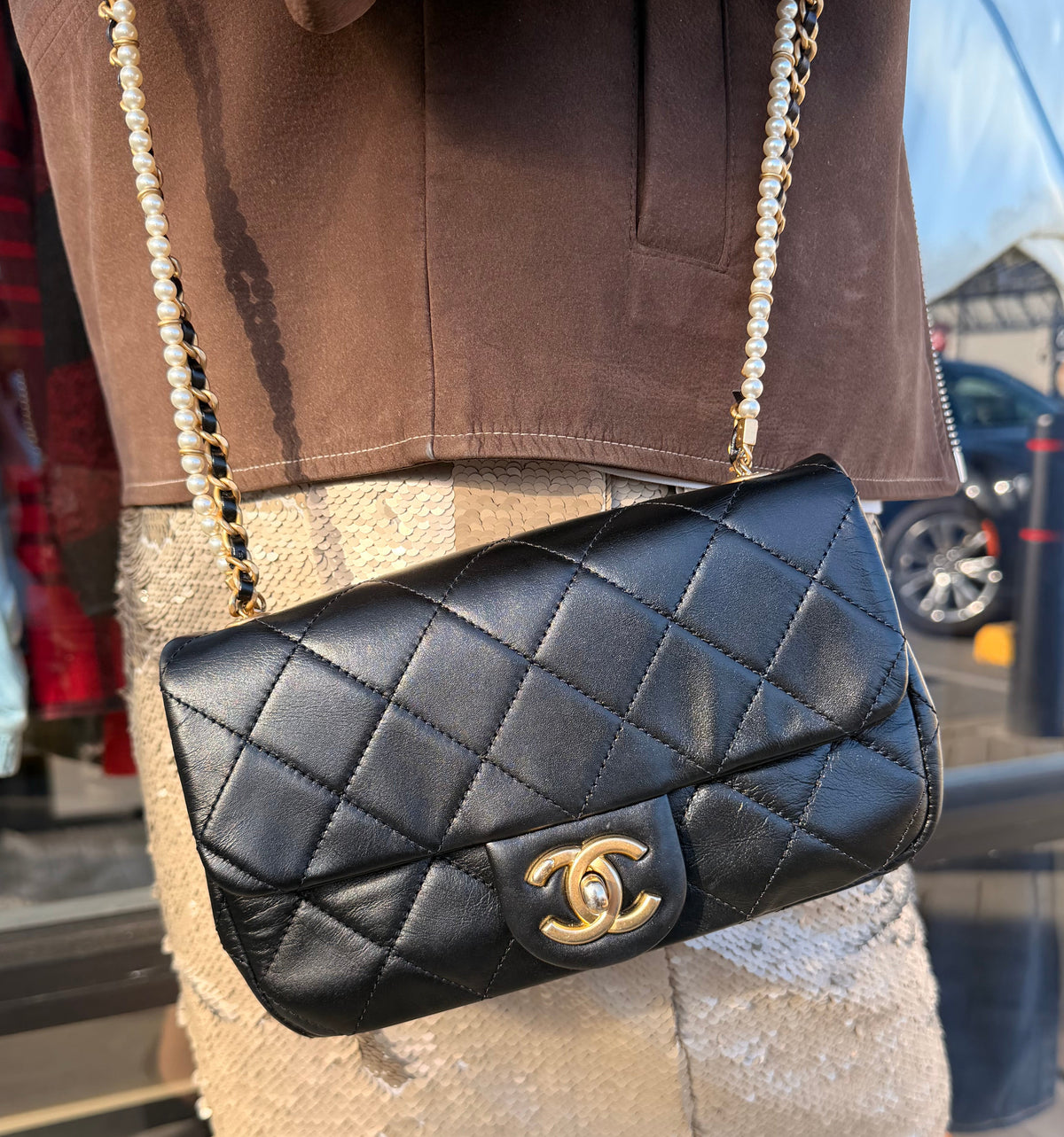CHANEL 2020 Mini Crystals Pearl Chain Quilted Lambskin Flap Bag