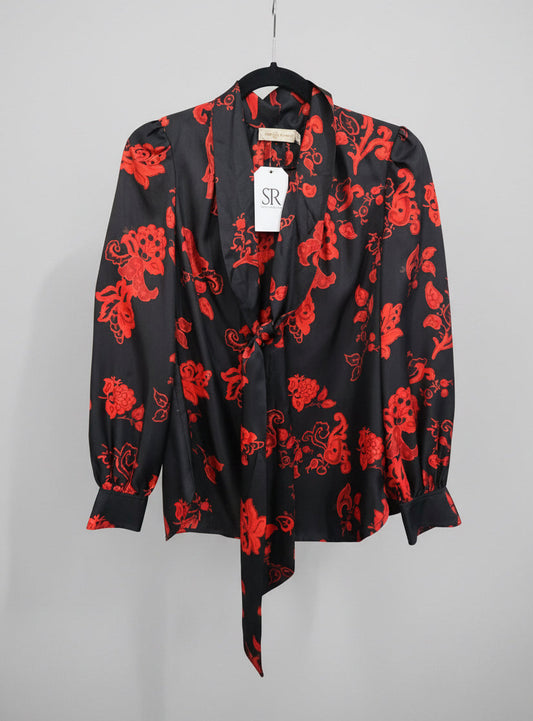 NEW* TORY BURCH Floral Tie-Neck Long-Sleeve Silk Blouse - Size XS