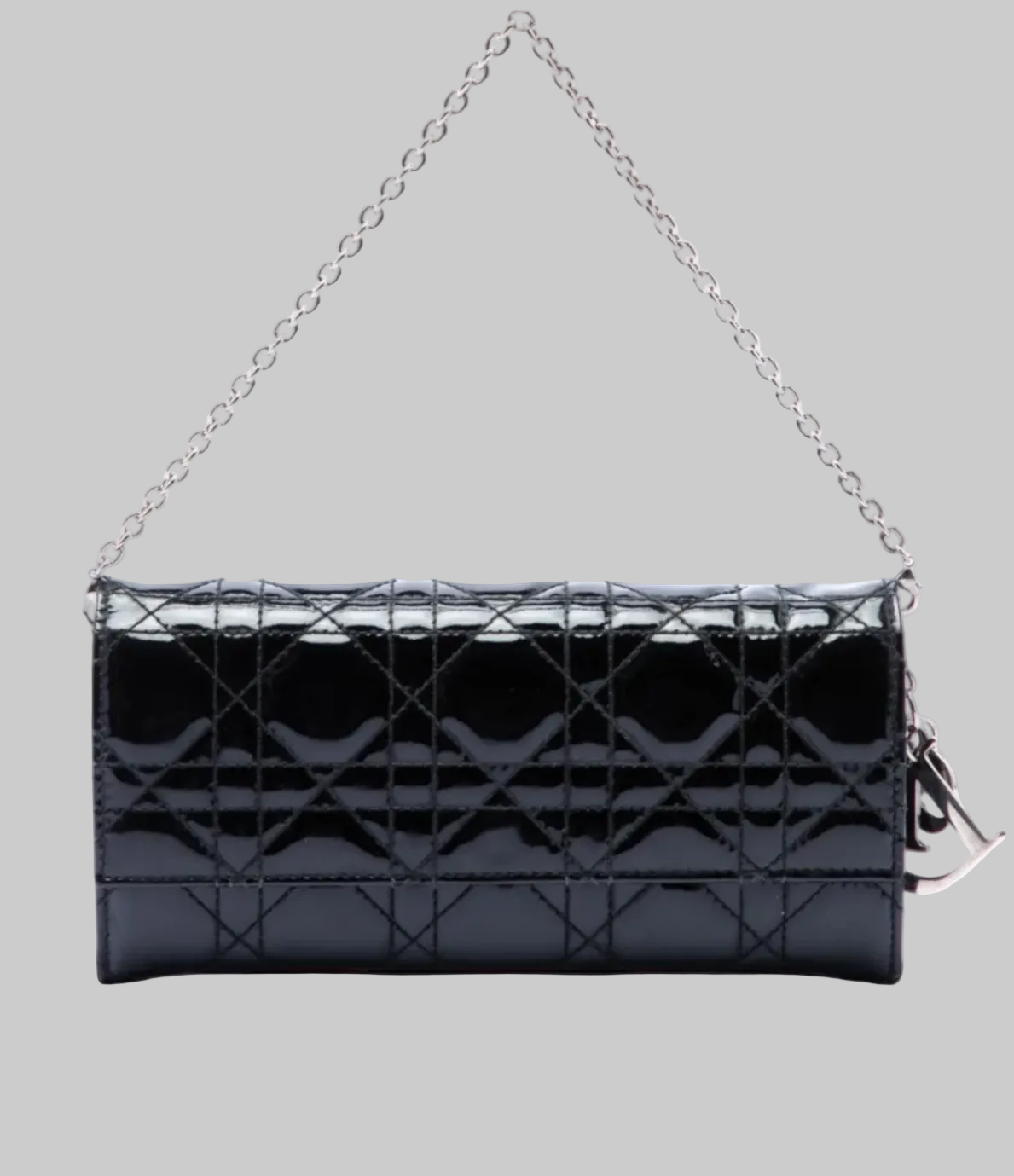 CHRISTIAN DIOR Black Patent Cannage Leather Rendezvous Wallet On Chain
