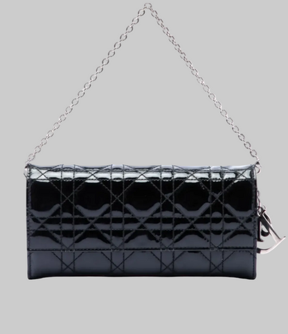 CHRISTIAN DIOR Black Patent Cannage Leather Rendezvous Wallet On Chain