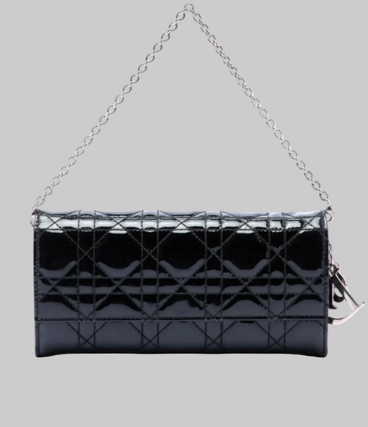 CHRISTIAN DIOR Black Patent Cannage Leather Rendezvous Wallet On Chain