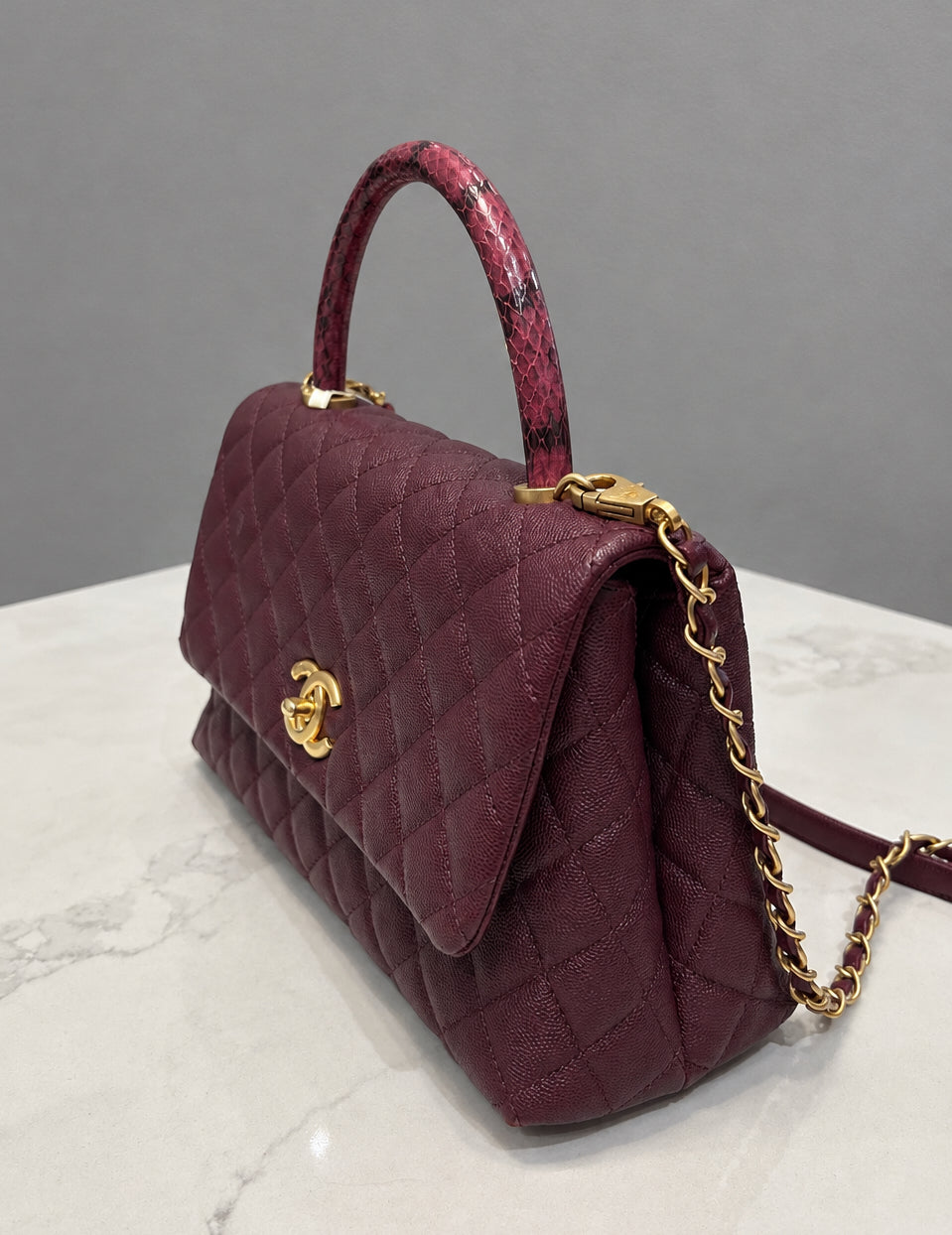 CHANEL Burgundy Caviar Small Python coco Handle Flap Bag