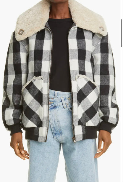 R13 EXAGGERATED SHEARLING COLLAR BOMBER JACKET IN ECRU BUFFALO - Size M