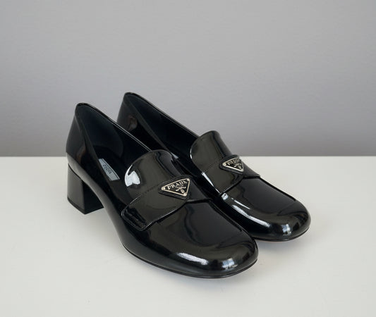 PRADA Black Patent Leather Heeled Loafers - Size 40 (fits small)