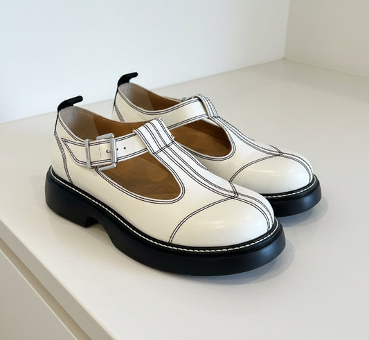 GANNI White Leather Mary Jane’s - Size 8