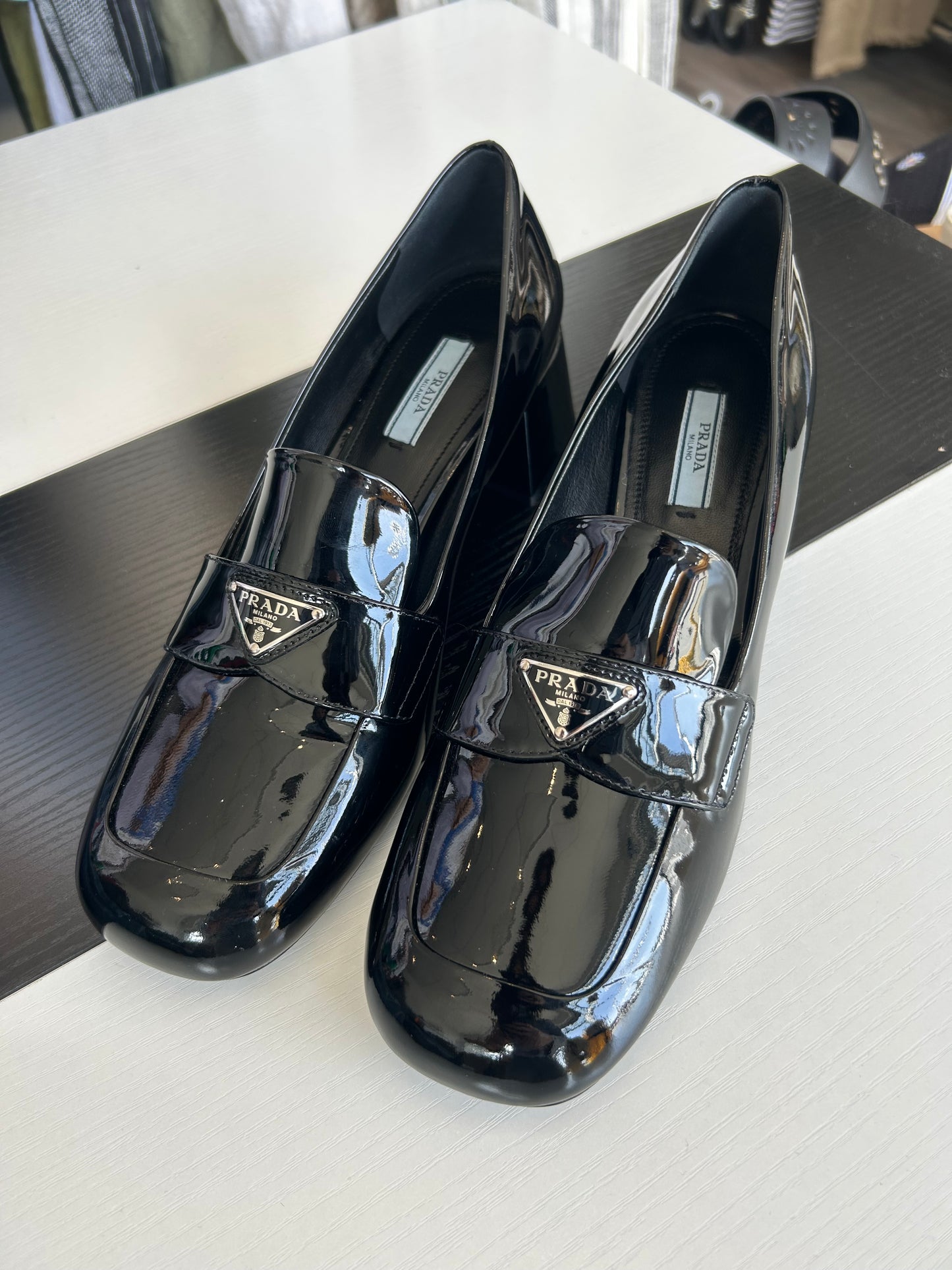 PRADA Black Patent Leather Heeled Loafers - Size 40 (fits small)