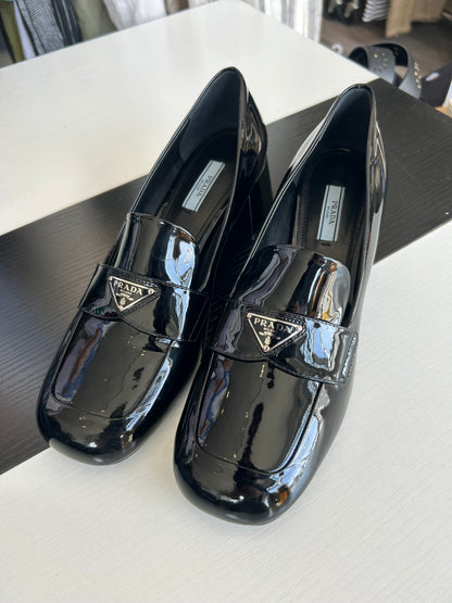 PRADA Black Patent Leather Heeled Loafers - Size 40 (fits small)