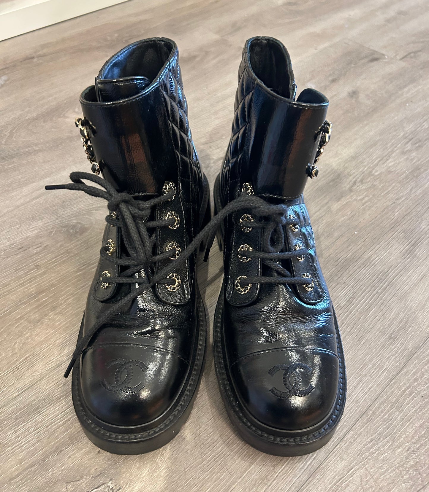 CHANEL Quilted Monogram CC Patent Leather Boots - Size 37.5