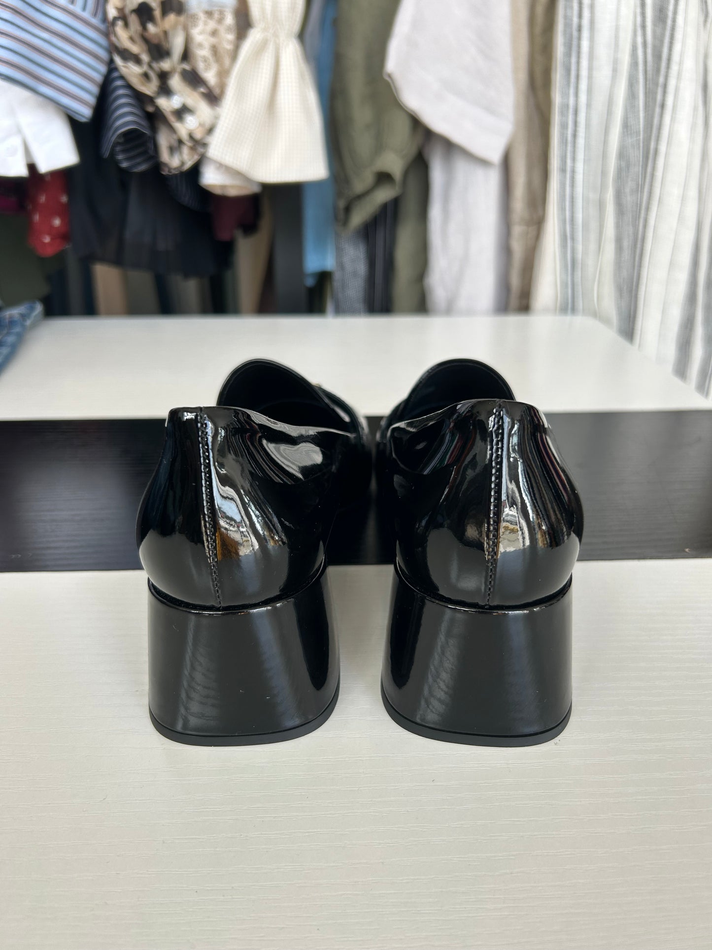 PRADA Black Patent Leather Heeled Loafers - Size 40 (fits small)
