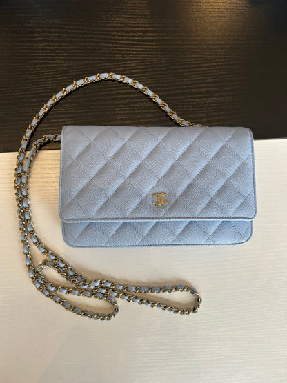 CHANEL Light Blue Caviar Leather Wallet On Chain