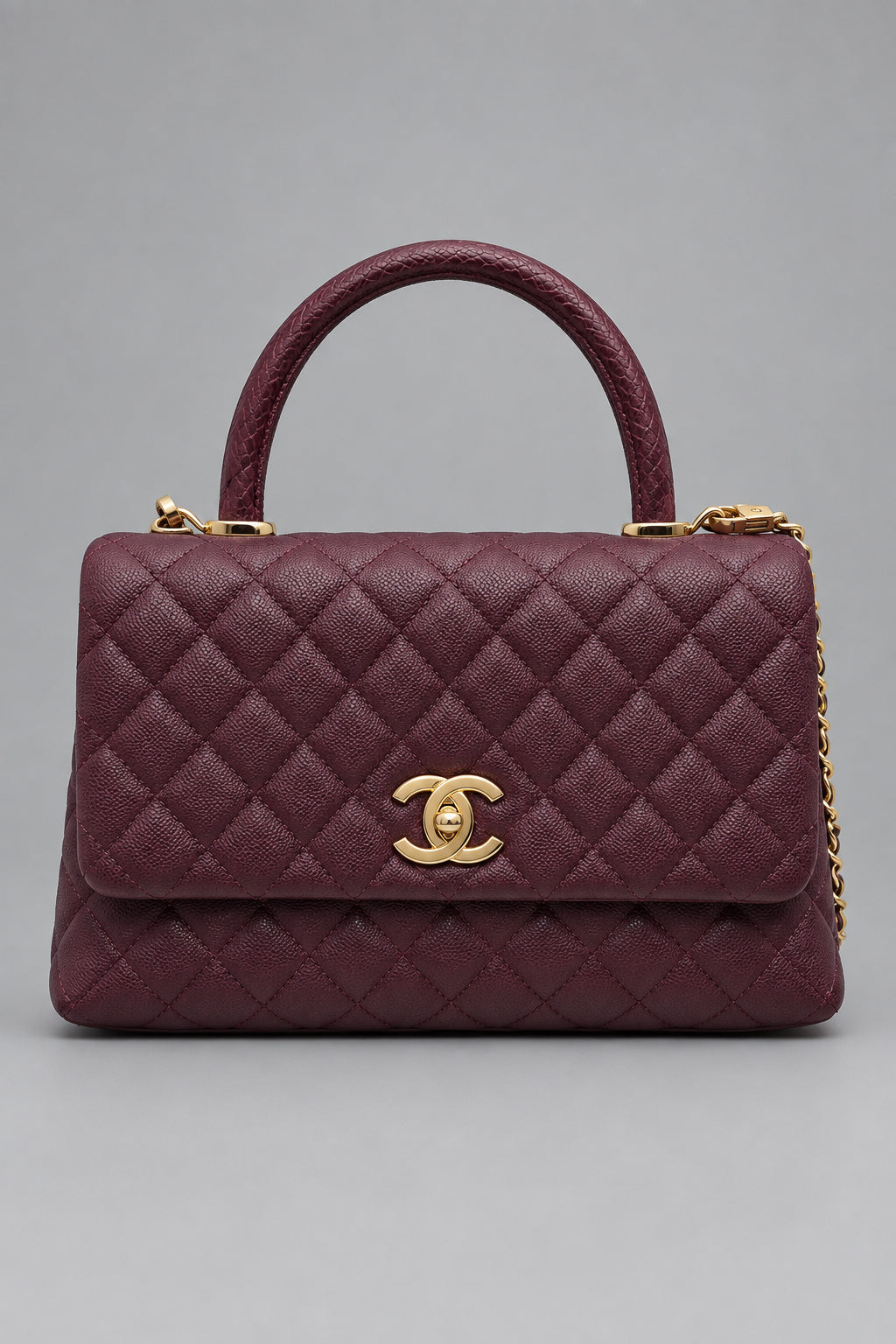 CHANEL Burgundy Caviar Small Python coco Handle Flap Bag
