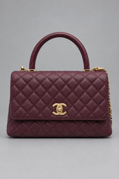 CHANEL Burgundy Caviar Small Python coco Handle Flap Bag