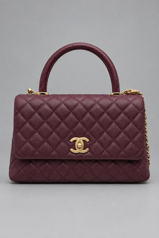 CHANEL Burgundy Caviar Small Python coco Handle Flap Bag