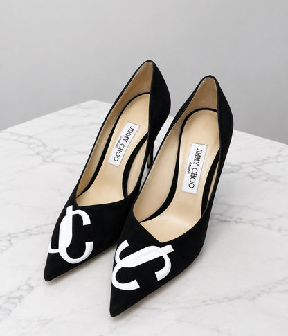 JIMMY CHOO Black Pointed Toe Suede Logo - Size 38.5