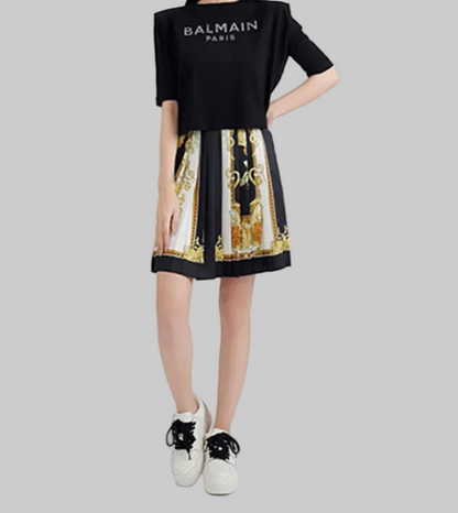 VERSACE Pleated Black & Gold Baroque Mini Skirt - Size S