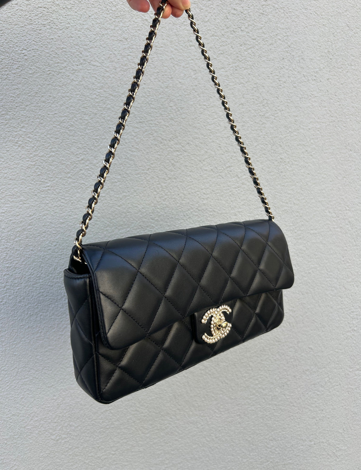 CHANEL Quilted Pearl-Studded CC Flap Shoulder Bag
