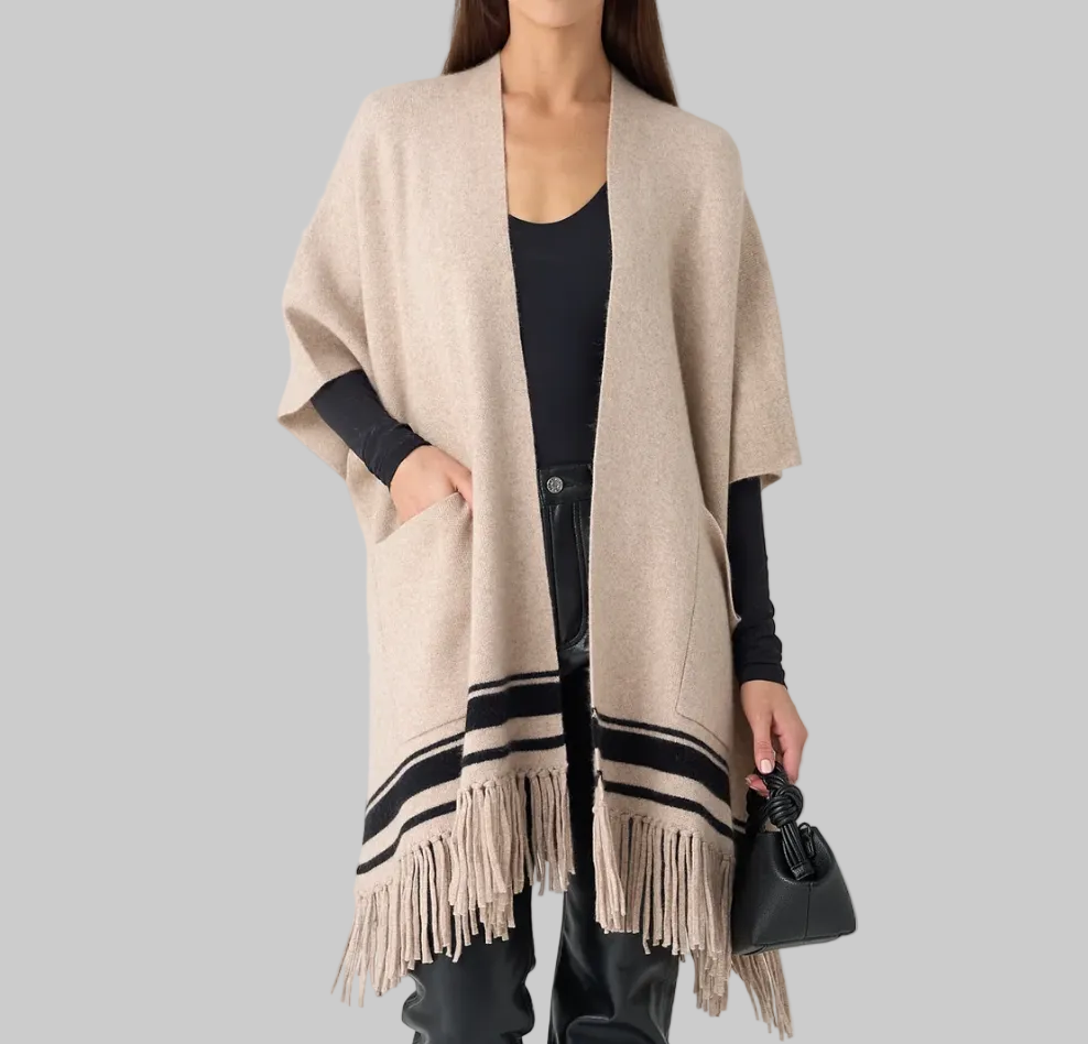 WHITE & WARREN Cashmere Blend Fringe Poncho - One Size