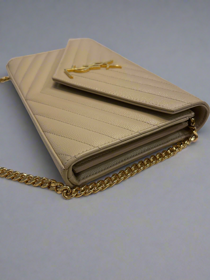SAINT LAURENT Classic Cassandre Chain Wallet In Grain De Poudre Leather