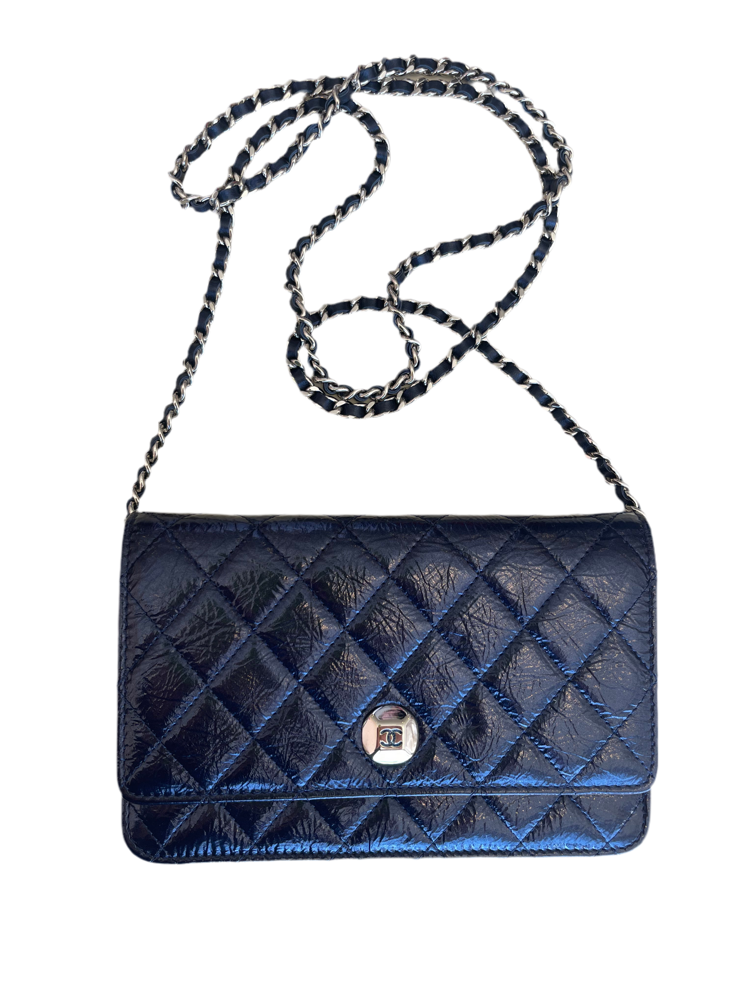 Chanel Navy Blue Wallet On Chain Patent Leather Shoulder Bag