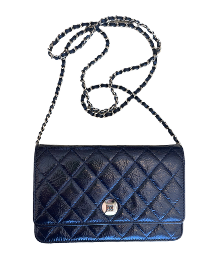 Chanel Navy Blue Wallet On Chain Patent Leather Shoulder Bag