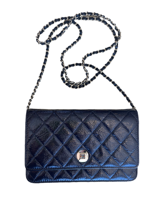 Chanel Navy Blue Wallet On Chain Patent Leather Shoulder Bag