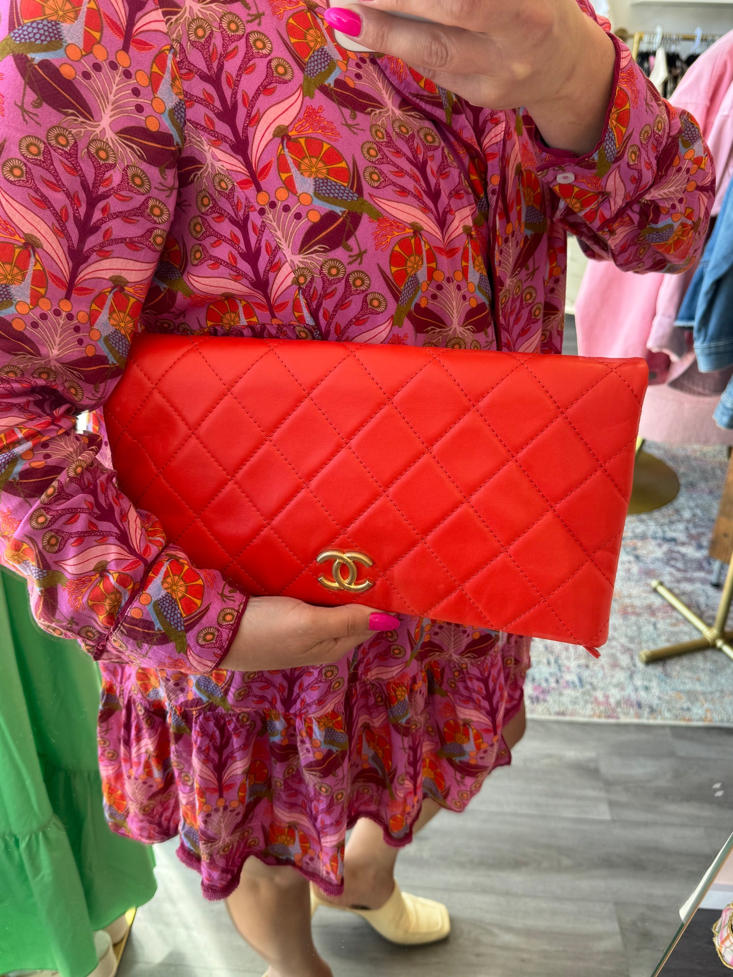 CHANEL Red Quilted Leather Clutch