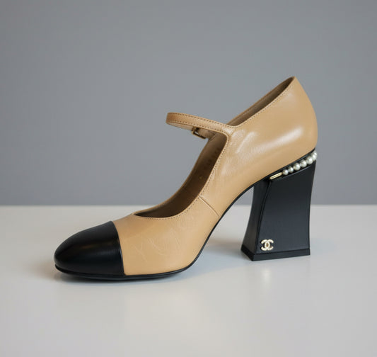 CHANEL Mary Jane Shoes With Pearl Trim - Size 37