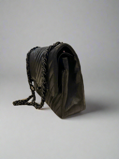 CHANEL Medium So Black Chevron Quilted Lambskin Leather Double Flap