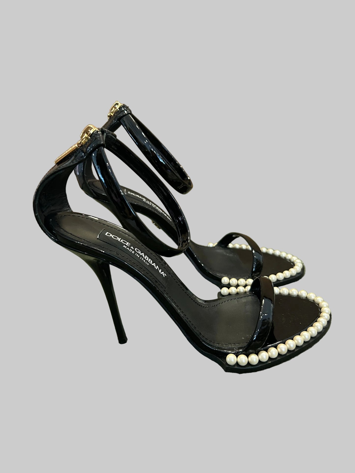 DOLCE & GABBANA Black Keira Pearl Accent Ankle Strap Heel - Size 40