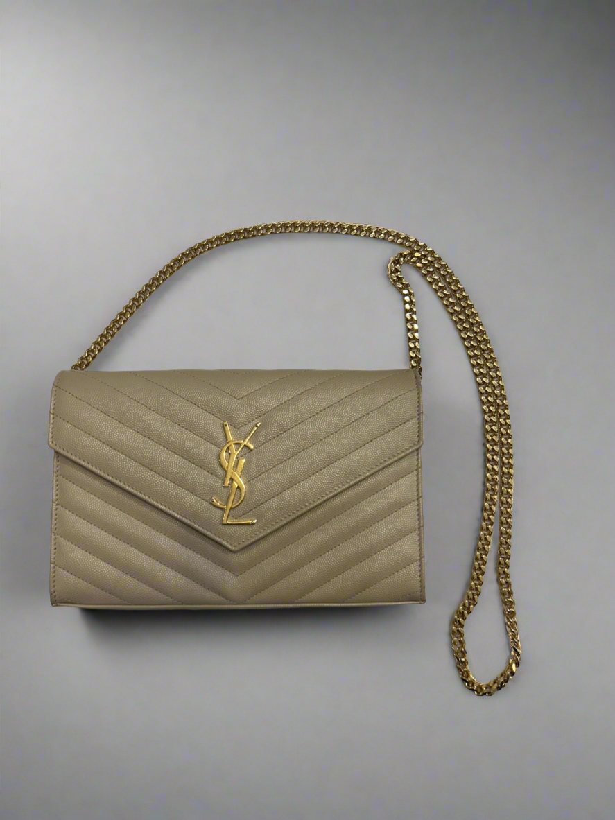 SAINT LAURENT Classic Cassandre Chain Wallet In Grain De Poudre Leather