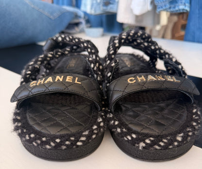 CHANEL Cord Lambskin Quilted Logo Sandals - Size 40