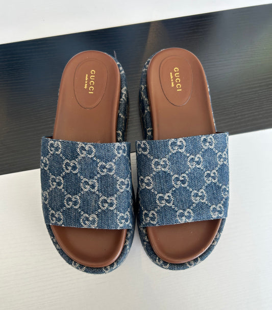 GUCCI Blue Denim Platform Slides - Size 38