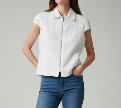 SALVATORE FERRAGAMO White Collared Zip Front Top - Size L