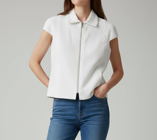 SALVATORE FERRAGAMO White Collared Zip Front Top - Size L