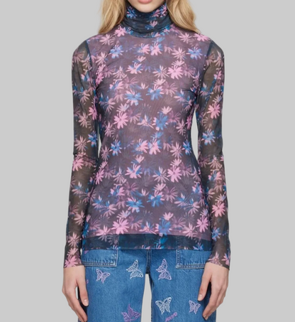 GANNI Daisy Spray Mesh Turtleneck- Size xs