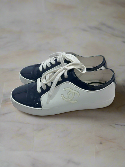 CHANEL Blue Patent Accent Sneaker Size - 37.5