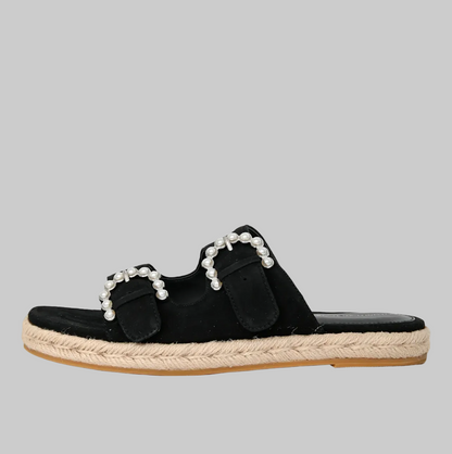 STUART WEITZMAN Black Suede Tomi Pearl Accent Espadrilles - Size 6.5