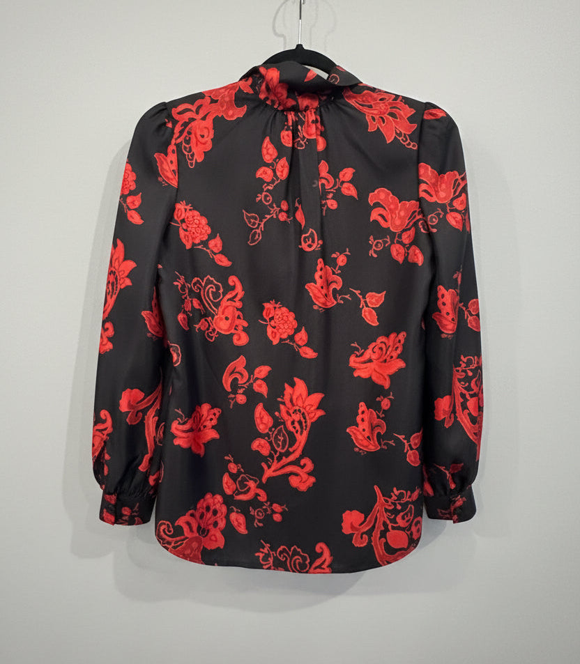 NEW* TORY BURCH Floral Tie-Neck Long-Sleeve Silk Blouse - Size XS