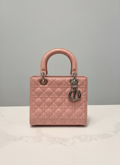 Christian Dior Rose Des Vents Patent Cannage Calfskin Leather Medium Lady Dior