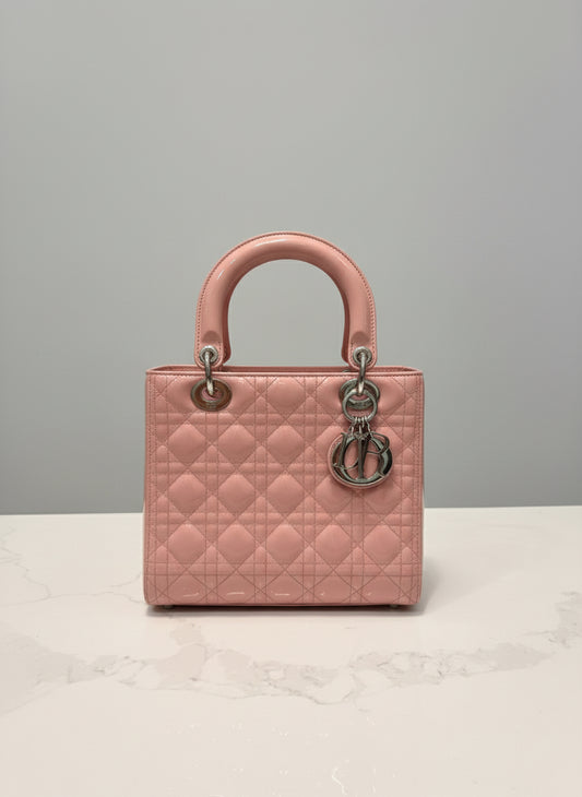 Christian Dior Rose Des Vents Patent Cannage Calfskin Leather Medium Lady Dior