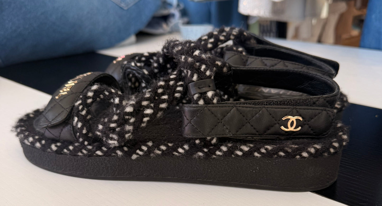 CHANEL Cord Lambskin Quilted Logo Sandals - Size 40