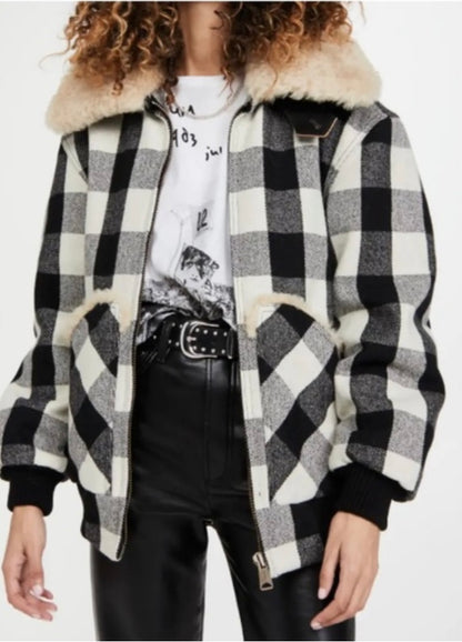R13 EXAGGERATED SHEARLING COLLAR BOMBER JACKET IN ECRU BUFFALO - Size M