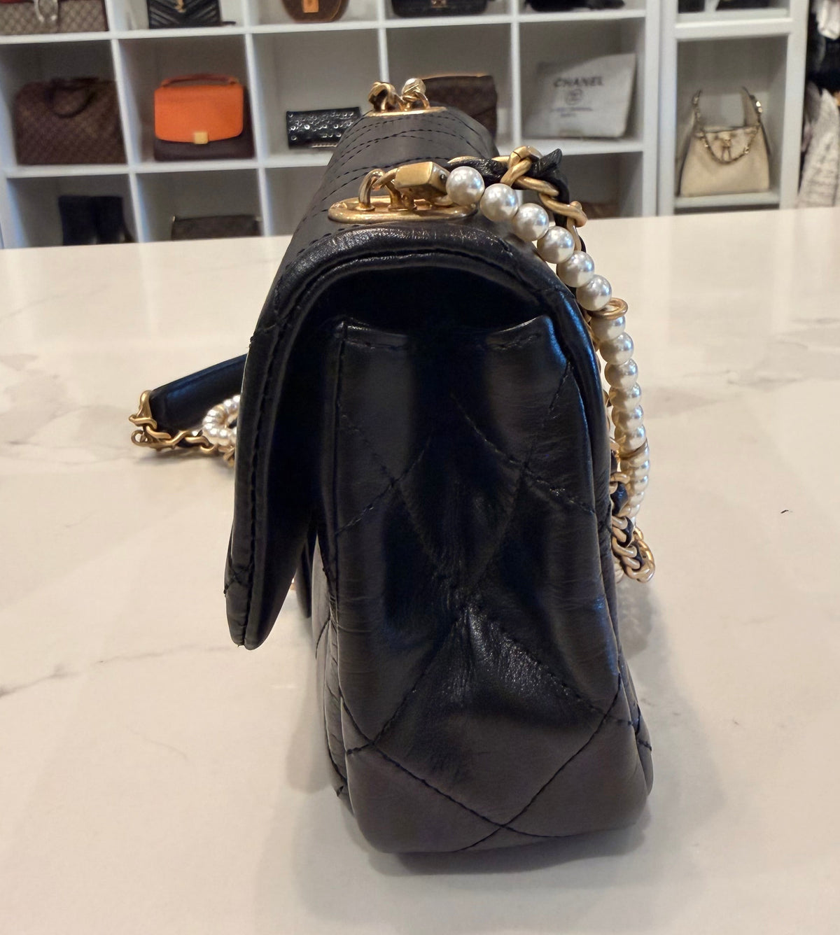 CHANEL 2020 Mini Crystals Pearl Chain Quilted Lambskin Flap Bag