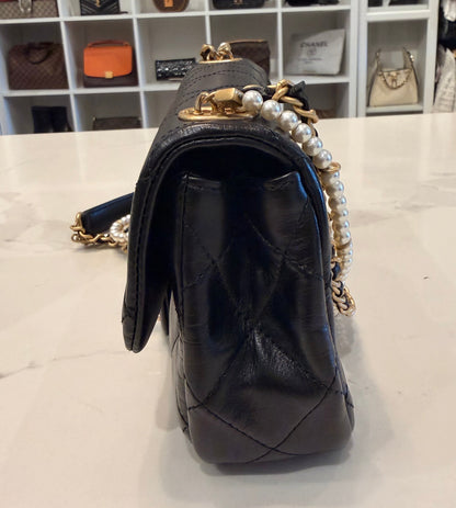 CHANEL 2020 Mini Crystals Pearl Chain Quilted Lambskin Flap Bag